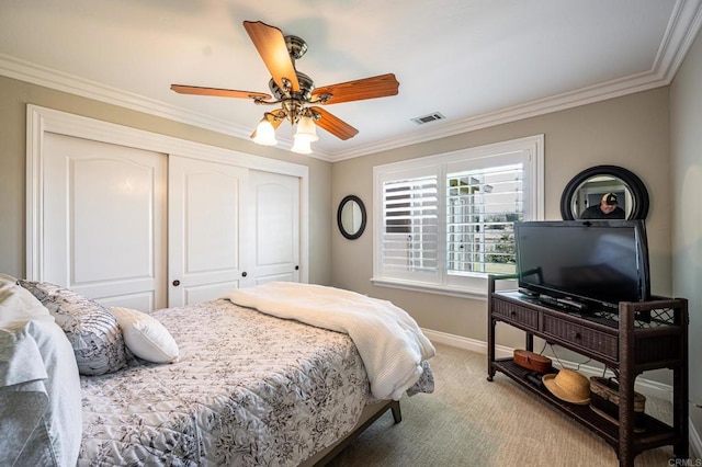 1926 Pamela Ln, Escondido, CA 92026 - carpeted bedroom with a closet, crown molding, and a ceiling fan