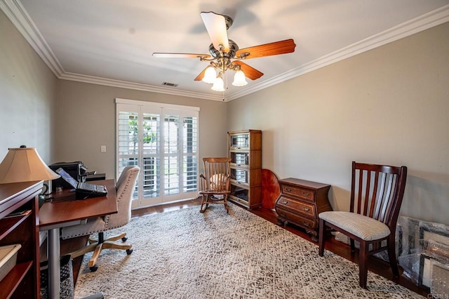 1926 Pamela Ln, Escondido, CA 92026 - home office featuring wood finished floors, ornamental molding, and ceiling fan