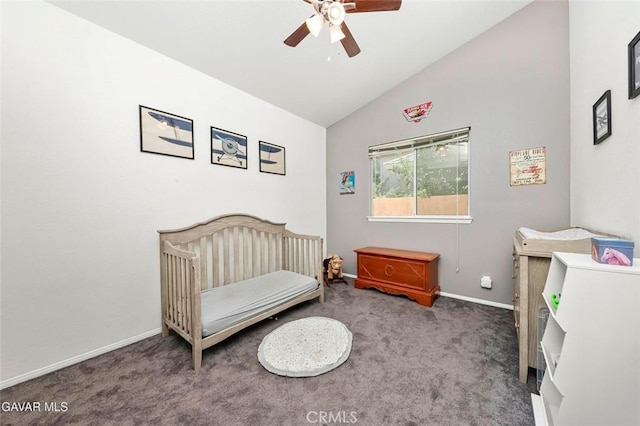 4018 Via Barbara, Lancaster, CA 93536 - carpeted bedroom with vaulted ceiling, a crib, and a ceiling fan