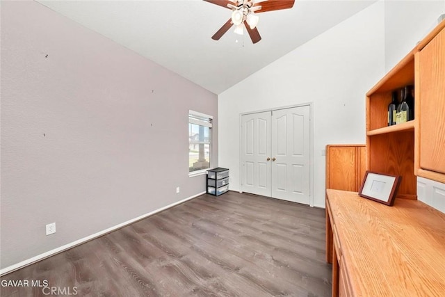 4018 Via Barbara, Lancaster, CA 93536 - unfurnished office featuring a ceiling fan, high vaulted ceiling, and wood finished floors