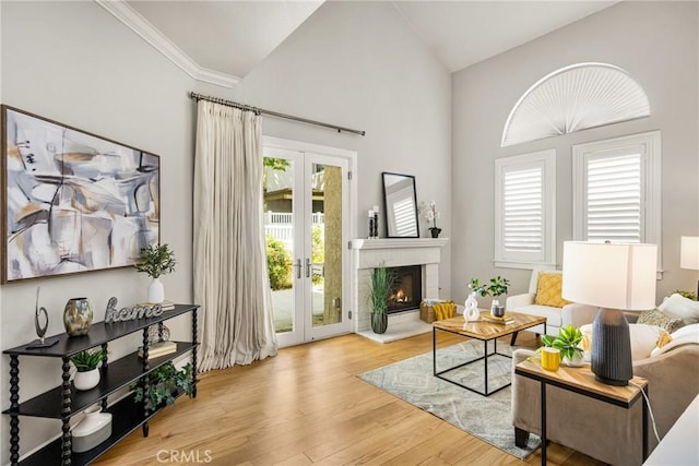 24343 Landover Rd Unit 139, Laguna Hills, CA 92653 - living area with french doors, wood finished floors, a fireplace, and high vaulted ceiling
