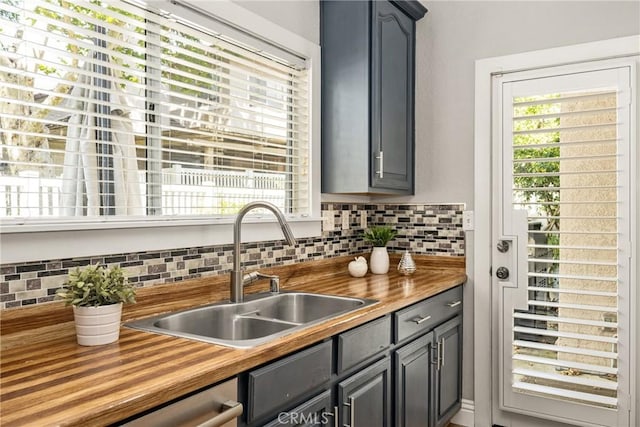 24343 Landover Rd Unit 139, Laguna Hills, CA 92653 - kitchen with butcher block countertops, backsplash, gray cabinetry, and dishwasher