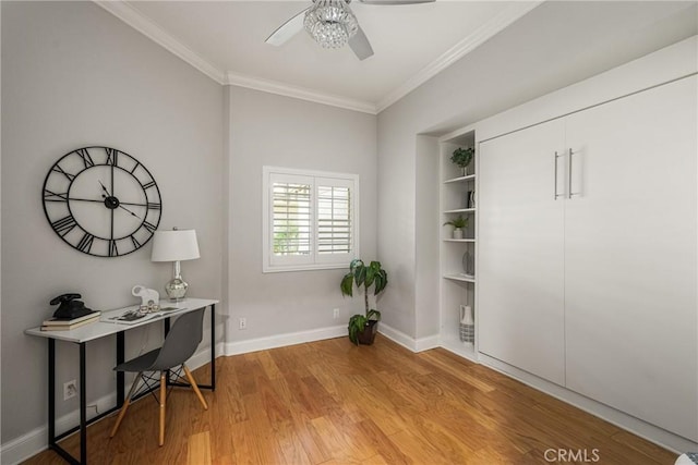 24343 Landover Rd Unit 139, Laguna Hills, CA 92653 - office with a ceiling fan, ornamental molding, and light wood-type flooring