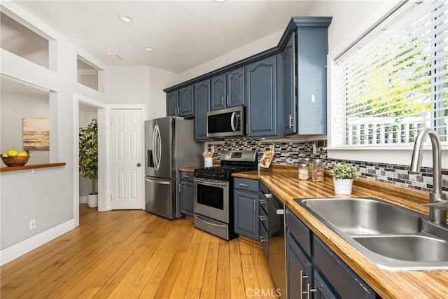24343 Landover Rd Unit 139, Laguna Hills, CA 92653 - kitchen with appliances with stainless steel finishes, tasteful backsplash, light wood finished floors, recessed lighting, and blue cabinets