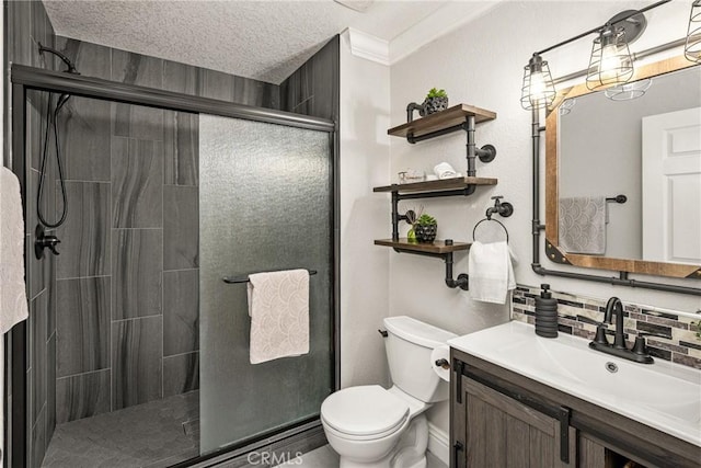 24343 Landover Rd Unit 139, Laguna Hills, CA 92653 - full bath with vanity, a stall shower, tasteful backsplash, and a textured ceiling