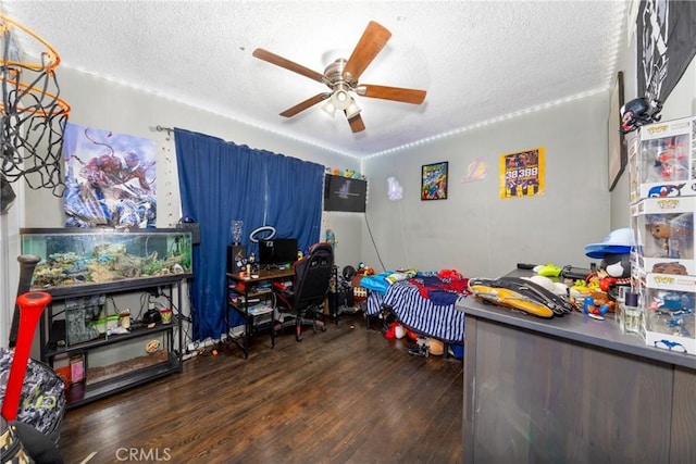 5082 La Madera Ave, El Monte, CA 91732 - bedroom with a textured ceiling, wood finished floors, an office area, and a ceiling fan
