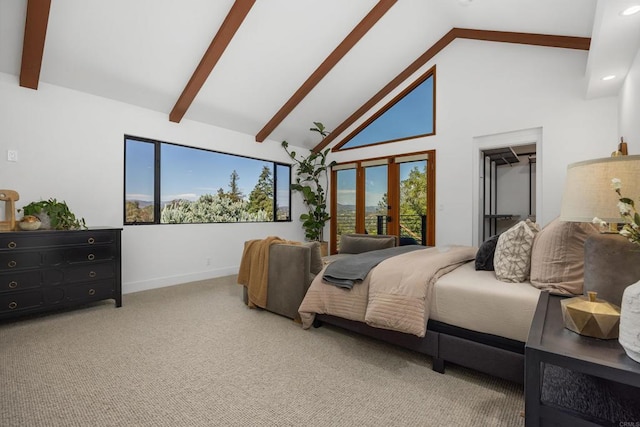 602 Sereno View Rd, Encinitas, CA 92024 - carpeted bedroom featuring high vaulted ceiling, beam ceiling, and recessed lighting