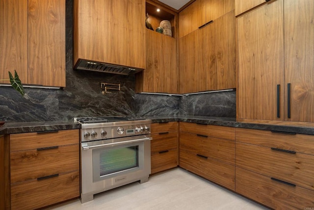 602 Sereno View Rd, Encinitas, CA 92024 - kitchen featuring high end stainless steel range oven, brown cabinets, and modern cabinets