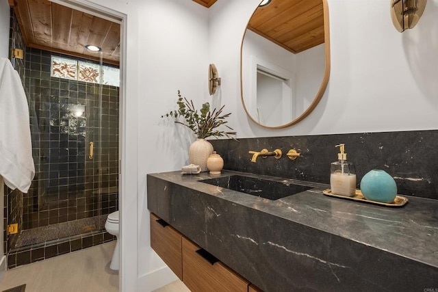 602 Sereno View Rd, Encinitas, CA 92024 - bathroom featuring wooden ceiling, a stall shower, and vanity