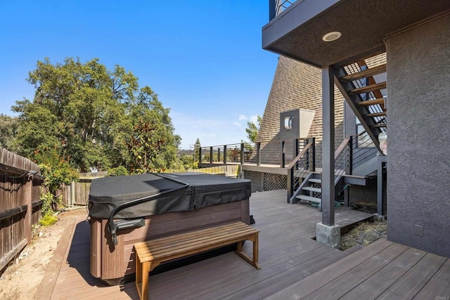 602 Sereno View Rd, Encinitas, CA 92024 - wooden terrace with a hot tub, stairway, a fenced backyard, and a grill