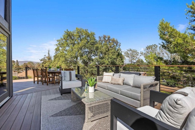 602 Sereno View Rd, Encinitas, CA 92024 - wooden terrace with an outdoor living space, outdoor dining area, and a mountain view