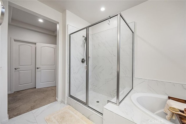 14217 Pemberley Passage Ave, Bakersfield, CA 93311 - full bath with a bath, a marble finish shower, marble finish floors, and recessed lighting