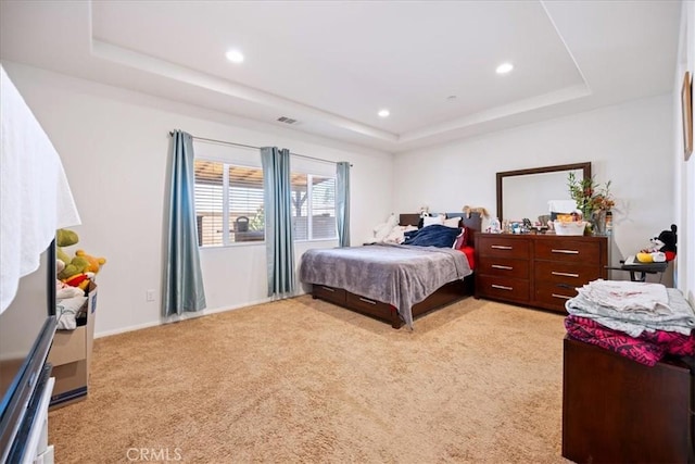 26947 Mountaingate St, Menifee, CA 92585 - bedroom featuring a tray ceiling, light colored carpet, and recessed lighting