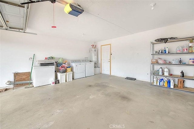14158 Tu Su Cir, Apple Valley, CA 92307 - garage with washer and clothes dryer, a garage door opener, and water heater