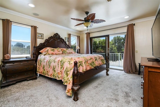 19536 Kittridge St, Reseda, CA 91335 - bedroom with carpet flooring, access to exterior, ornamental molding, a ceiling fan, and recessed lighting