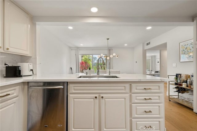 8396 Goldsport Cir, Huntington Beach, CA 92646 - kitchen featuring dishwasher, light wood finished floors, a peninsula, white cabinets, and recessed lighting