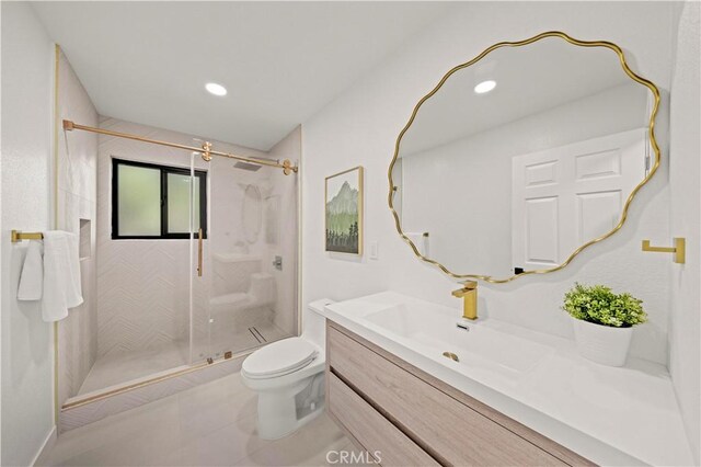 4700 Emerald Ave, La Verne, CA 91750 - full bath featuring vanity, a shower stall, tile patterned floors, and recessed lighting