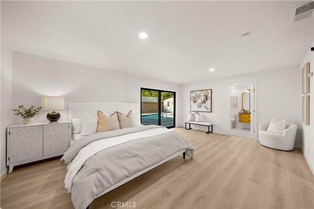 4700 Emerald Ave, La Verne, CA 91750 - bedroom featuring light wood-style flooring, access to exterior, recessed lighting, and ensuite bath