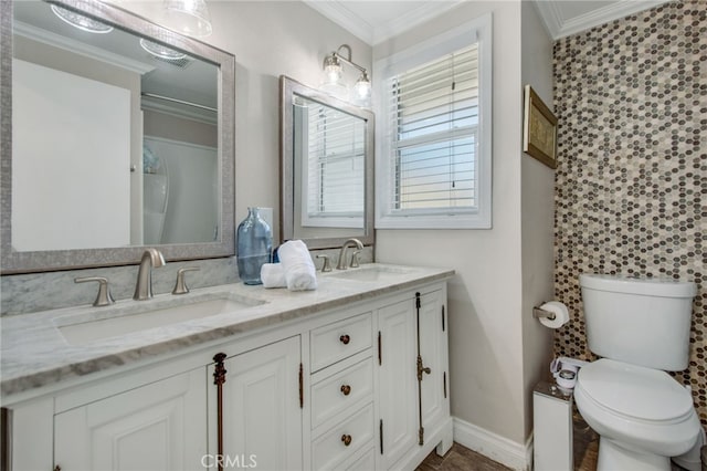 9099 Via Vista Dr, Buena Park, CA 90620 - bathroom with crown molding and double vanity