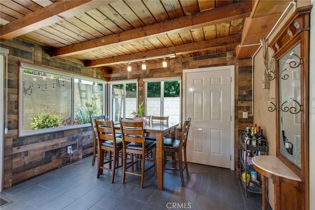 9099 Via Vista Dr, Buena Park, CA 90620 - dining room featuring wood walls, a wooden ceiling with exposed beams, and plenty of natural light