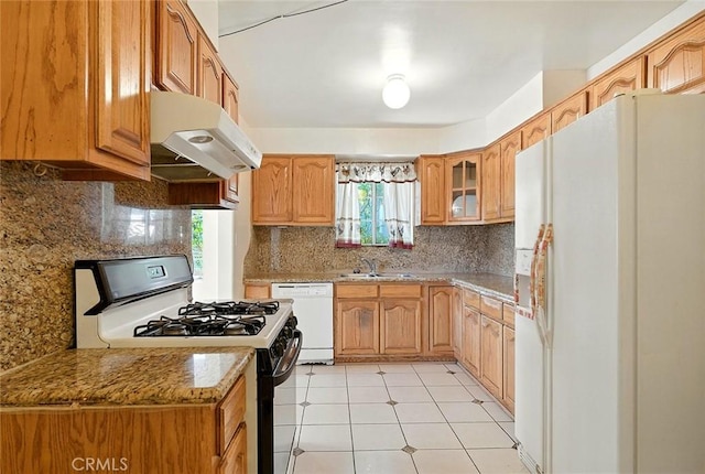 17229 Ardath Ave, Torrance, CA 90504 - kitchen with white appliances, under cabinet range hood, tasteful backsplash, and glass insert cabinets