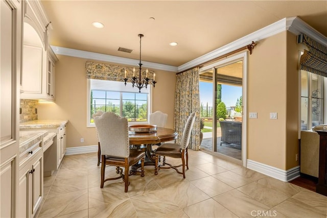 44277 Reidel St, Temecula, CA 92592 - dining area with crown molding, a chandelier, recessed lighting, and light tile patterned floors