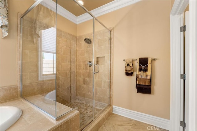 44277 Reidel St, Temecula, CA 92592 - bathroom with ornamental molding, a stall shower, and a garden tub