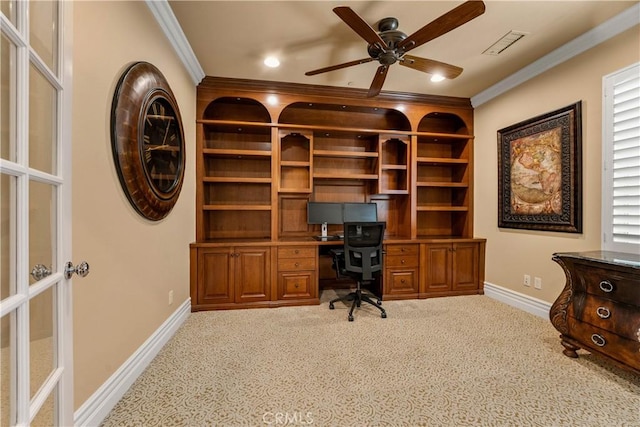 44277 Reidel St, Temecula, CA 92592 - carpeted office featuring crown molding, ceiling fan, built in study area, french doors, and recessed lighting