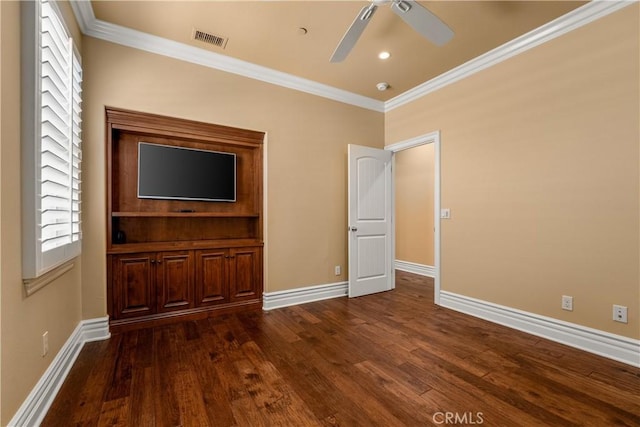 44277 Reidel St, Temecula, CA 92592 - unfurnished bedroom with crown molding, dark wood-style flooring, multiple windows, and ceiling fan