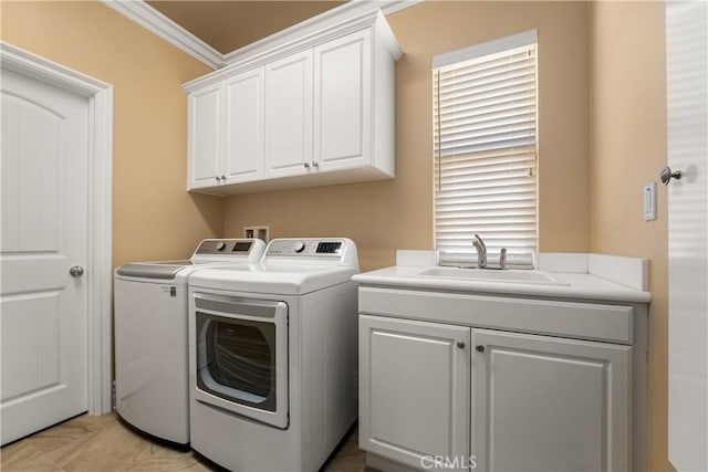 44277 Reidel St, Temecula, CA 92592 - laundry room with independent washer and dryer, cabinet space, and crown molding