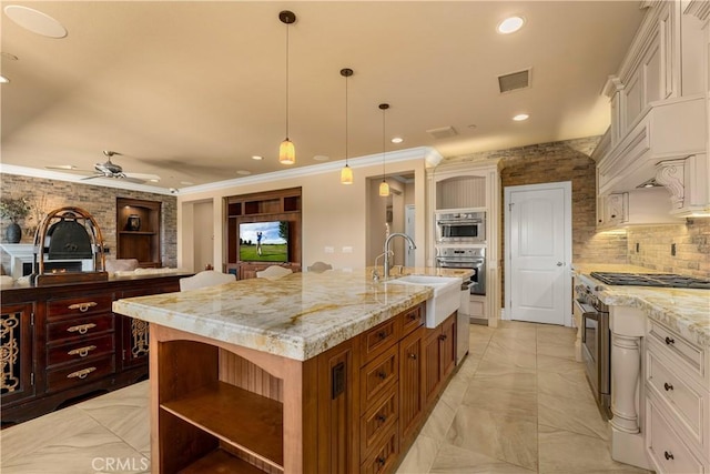 44277 Reidel St, Temecula, CA 92592 - kitchen featuring a spacious island, open shelves, decorative backsplash, recessed lighting, and light stone countertops