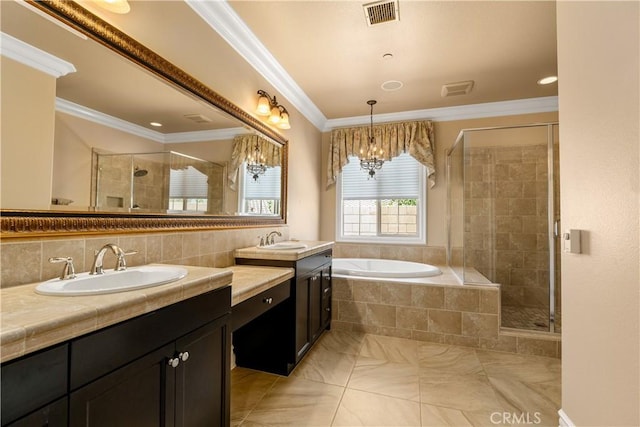44277 Reidel St, Temecula, CA 92592 - full bathroom with a bath, two vanities, a shower stall, a chandelier, and crown molding