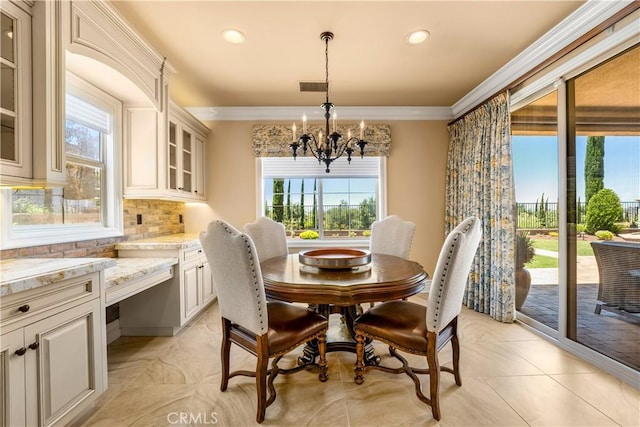 44277 Reidel St, Temecula, CA 92592 - dining area featuring a chandelier, crown molding, recessed lighting, and light tile patterned flooring