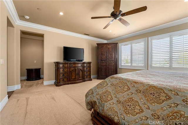 44277 Reidel St, Temecula, CA 92592 - bedroom featuring light colored carpet, crown molding, and ceiling fan