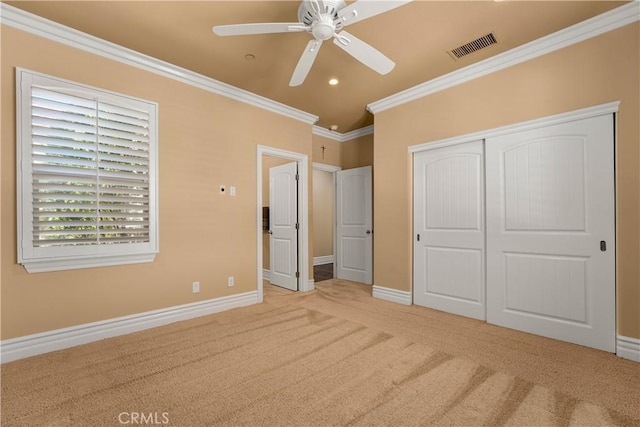 44277 Reidel St, Temecula, CA 92592 - unfurnished bedroom with crown molding, carpet flooring, a closet, multiple windows, and a ceiling fan