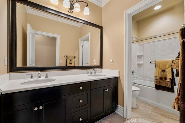 44277 Reidel St, Temecula, CA 92592 - full bathroom with ornamental molding, double vanity, and shower / washtub combination