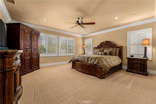 44277 Reidel St, Temecula, CA 92592 - bedroom featuring light colored carpet, ornamental molding, recessed lighting, and a ceiling fan