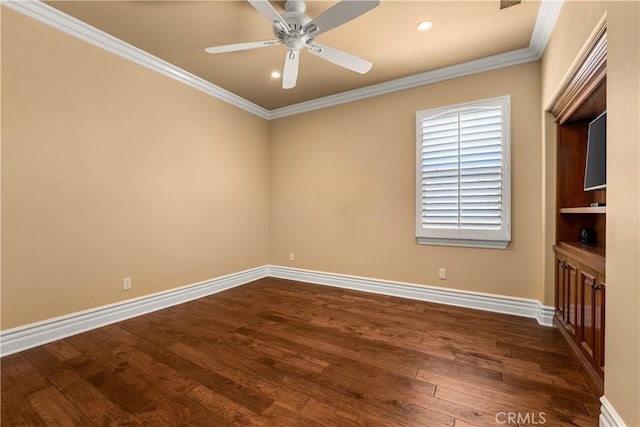 44277 Reidel St, Temecula, CA 92592 - spare room with ornamental molding, dark wood-style flooring, a ceiling fan, and recessed lighting