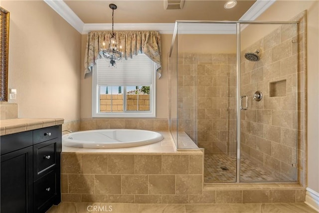 44277 Reidel St, Temecula, CA 92592 - bathroom with ornamental molding, a bath, a stall shower, a chandelier, and vanity