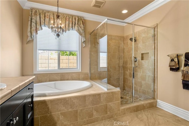 44277 Reidel St, Temecula, CA 92592 - bathroom featuring a chandelier, a garden tub, ornamental molding, a stall shower, and vanity
