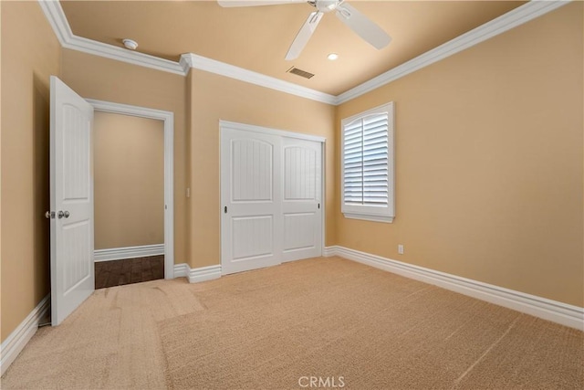 44277 Reidel St, Temecula, CA 92592 - unfurnished bedroom featuring carpet flooring, ornamental molding, a closet, ceiling fan, and recessed lighting