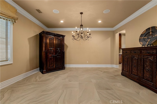 44277 Reidel St, Temecula, CA 92592 - unfurnished dining area with a chandelier, recessed lighting, and ornamental molding