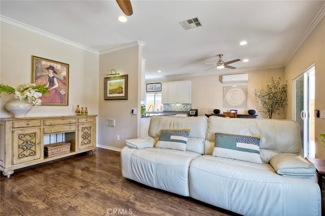 32839 Tiempo Cir, Temecula, CA 92592 - living area with a ceiling fan, a wall mounted air conditioner, ornamental molding, dark wood-style flooring, and recessed lighting
