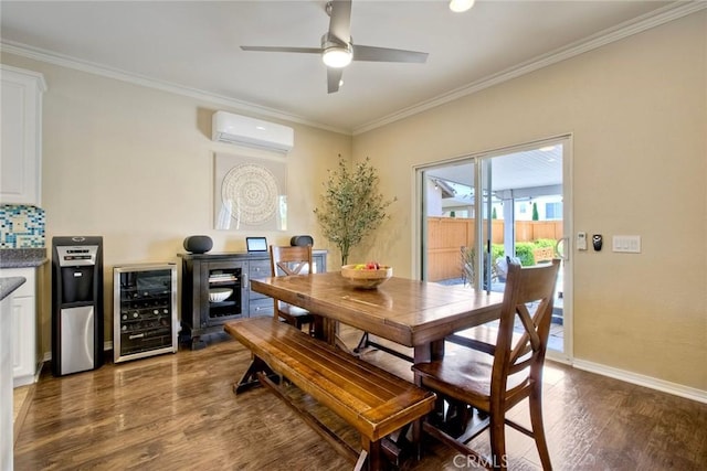 32839 Tiempo Cir, Temecula, CA 92592 - dining space featuring a wall unit AC, wine cooler, wood finished floors, crown molding, and a ceiling fan