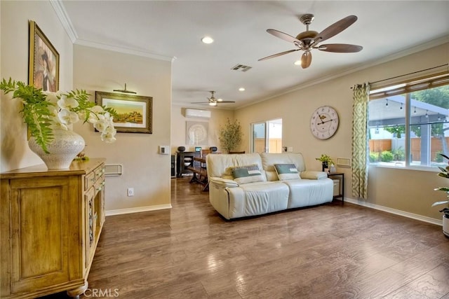32839 Tiempo Cir, Temecula, CA 92592 - living room with a ceiling fan, plenty of natural light, ornamental molding, wood finished floors, and recessed lighting