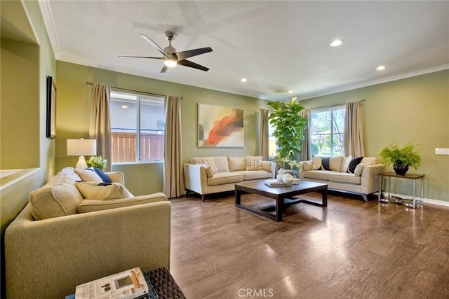 32839 Tiempo Cir, Temecula, CA 92592 - living room featuring ornamental molding, wood finished floors, a ceiling fan, and recessed lighting