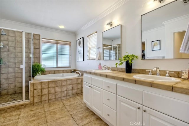 32839 Tiempo Cir, Temecula, CA 92592 - bathroom featuring double vanity, a stall shower, tile patterned flooring, a bath, and ornamental molding