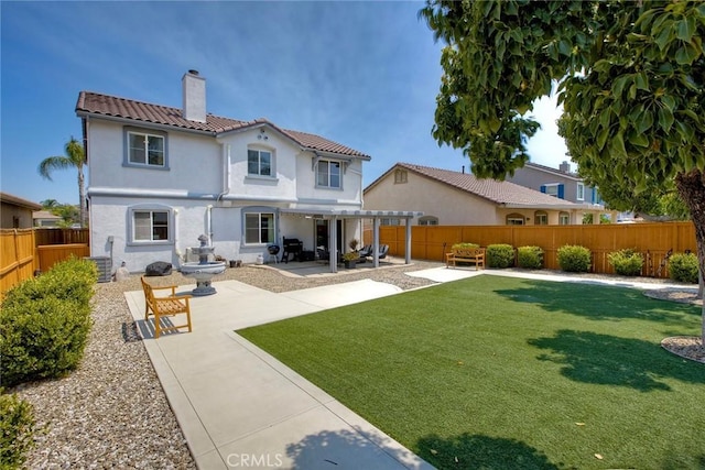 32839 Tiempo Cir, Temecula, CA 92592 - rear view of property with a chimney, a pergola, a patio, a fenced backyard, and a tiled roof