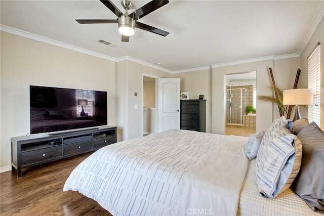 32839 Tiempo Cir, Temecula, CA 92592 - bedroom with ornamental molding, wood finished floors, ceiling fan, and connected bathroom