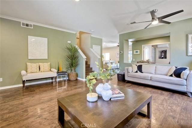 32839 Tiempo Cir, Temecula, CA 92592 - living area featuring ceiling fan, ornamental molding, stairway, and wood finished floors